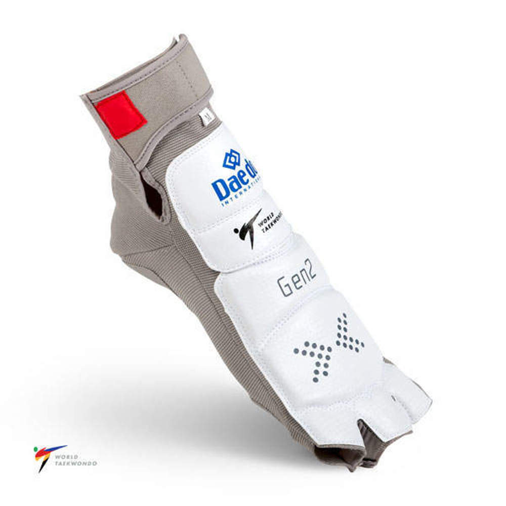 Picture of Daedo electronic WTF taekwondo foot protectors with installed heel extensions